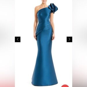 Alexander by Daymor 1673 One Shoulder Asymmetric Pleated Peplum Gown Teal Sz 10